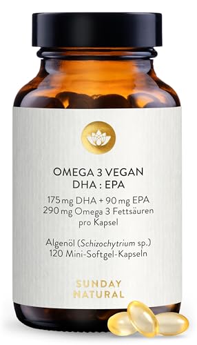 SUNDAY NATURAL® Omega 3 Vegan - 120 Softgel Kapseln - 1.000 mg Algenöl pro Tagesdosis: 350 mg DHA und 180 mg EPA - Leicht schluckbare Omega 3 Kapseln hochdosiert - Laborgeprüft