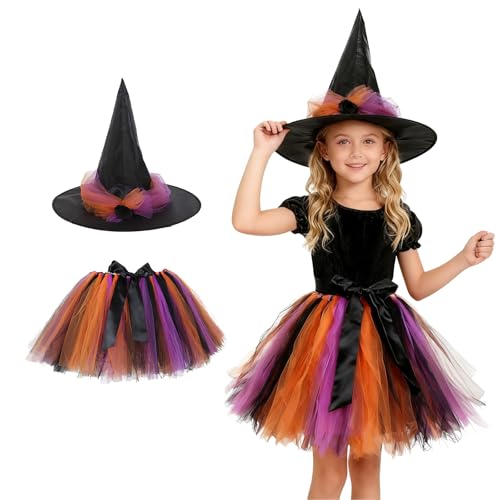 Lalieffacely Hexenkostüm Kinder, Halloween Kostüm Mädchen mit Tütü Rock Bunt und Hexenhut, Hexen Verkleidung Set für Mädchen 3-12 Jahr Halloween Cosplay Party (Mehrfarbig)