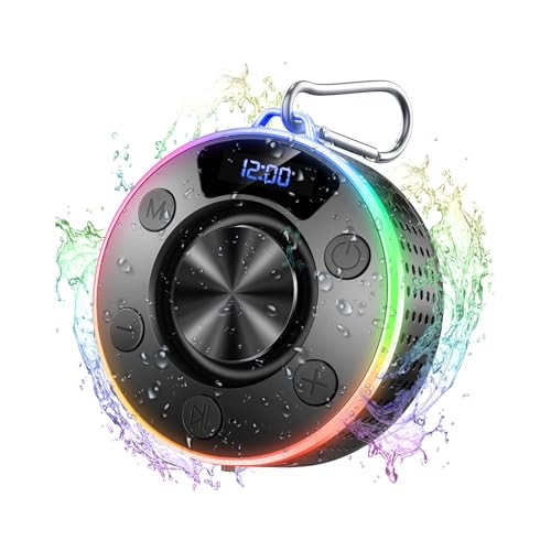 Bluetooth-Lautsprecher, Tragbare Bluetooth 5.3 Lautsprecher mit Stereo-Sound, Kabelloser LED-Lichtlautsprecher mit Saugnapf, IPX7 Wasserdicht Musikbox Tragbare für Badezimmer, Bergsteigen, Reisen