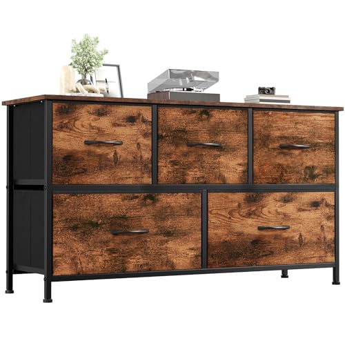 Somdot Kommode mit Schubladen, Stoffkommode, Kommode für Schlafzimmer Wohnzimmer Flur, Komodenschrank Schubladenschrank Aufbewahrungsschrank, 5 Stoffschubladen, Holzmaserung