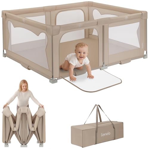 Lionelo Kinderlaufgitter 150 x 180 x 75 cm Florence Easy Fold, atmungsaktives Netz, sicher, tragbar, einfach zusammenklappbar, 2 Eingänge mit Reißverschluss, Reisetasche