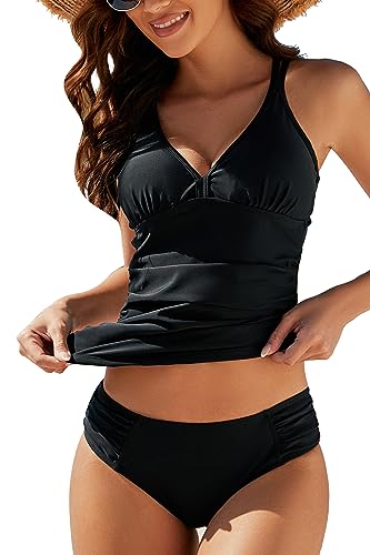 VILOREE Mode Damen Tankini Set Zweiteilige Bademode Badeanzug Nechholder Bauchweg Schwarz (N103) 3XL