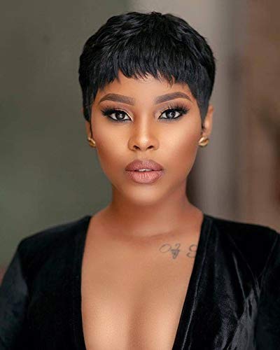 Fereowth Kurzes Echthaar Perücken für Damen Short Pixie Cut Wigs Human Hair Wig Echthaar Perücke Damen Kurz Gerade Perücken Schwarz