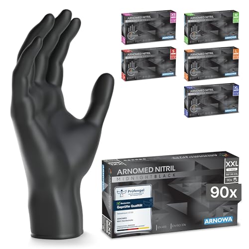 90x ARNOMED Einweghandschuhe Schwarz, Einmalhandschuhe XXL, Nitril Handschuhe Einweg, Nitrilhandschuhe puderfrei, Gummihandschuhe Einweg, Schutzhandschuhe, Handschuhe Nitril in XS, S, M, L, XL, XXL