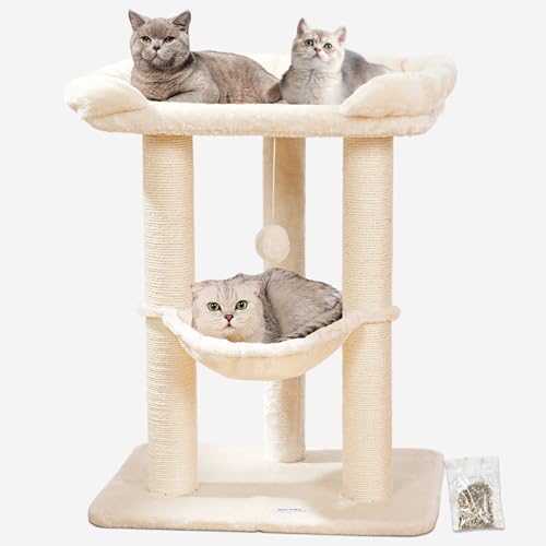 Happi N Pets 71CM Kratzbaum für Katzen, Hoher Kratzstamm mit großem Bett für große Katzen, Sisal-Kratzbaum mit weicher Liegefläche & Hängematte, Stabiler Katzenbaum, Abnehmbarer Bezug-Beige