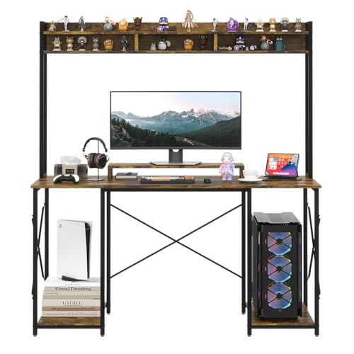 JUMMICO Gaming Tisch Schreibtisch 120 x 60 x 162 cm, Schreibtisch Computertisch mit Regal und Monitorständer, PC Tisch fürs Homeoffice (Braun)