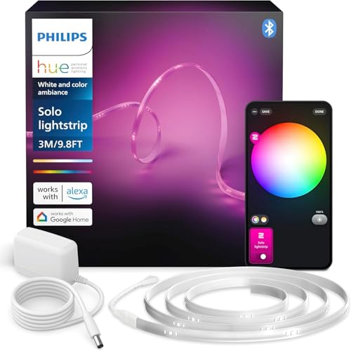Philips Hue Indoor 3m Smart LED Solo Lightstrip Basis-Set, 1er-Pack, indirekte Beleuchtung mit der Hue App steuerbar, LED Streifen funktioniert mit Alexa, Google Assistant und Apple HomeKit