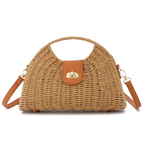 EVEOUT Stroh Umhängetaschen für Damen Mädchen Sommer Boho Chic Rattan Geflecht Korbtasche mit Schulterriemen Mode Polygonale Gewebte Strandtasche