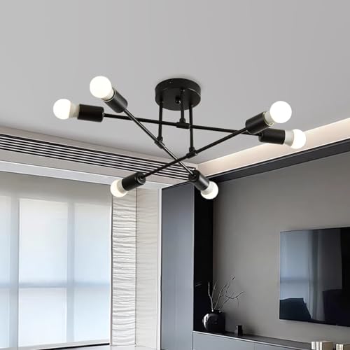 ENCOFT Deckenlampe Vintage Deckenleuchte Industrial Lampen Deckenlampen Sputnik 6 Flammig Küchenlampe Decke E27 Ceiling Light Schwarz Flurlampe Deckenbeleuchtung für Schlafzimmer Wohnzimmer Esszimmer