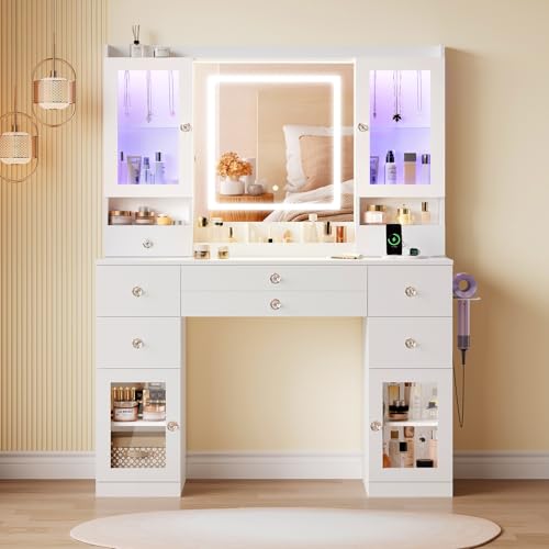Dripex großer Schminktisch mit Beleuchtung und Steckdosen, Schminktisch mit Spiegel und 2 luxuriösen transparenten Vitrinen mit RGB, Vanity Desk Dressing Table fürs Schlafzimmer, weiß