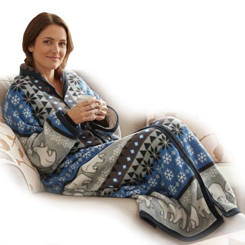 NYVI Ärmeldecke CozyBear - Kuscheldecke mit Ärmeln - TV Blanket mit Reißverschluss für Erwachsene & Kinder - TV Decke mit Ärmeln -Kuschelweich, Wärmend, Atmungsaktiv - 150x170 cm Blau
