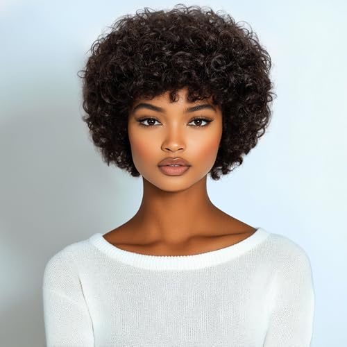 DÉBUT Echthaar Perücke für Frauen - Afro Curly Pixie Cut, Brasilianisches Remy Haar, Große Bouncy Locken (20 cm, 2)