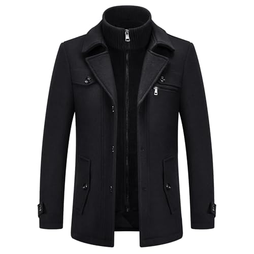 KUDORO Herren Wintermantel Wolle Kurzmantel Herren Wollmantel Mittellang Peacoat Winterjacke Slim Fit für Business Freizeit(Schwarz2,M)