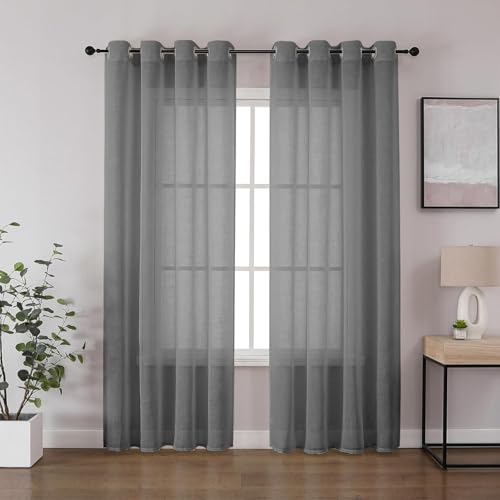 CUCRAF Leinenoptik Grau Voile Vorhänge mit Ösen Halbtransparent Gardine für Schlafzimmer Wohnzimmer H225 x B140cm 2er Set