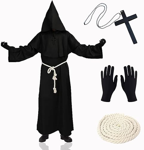 XCMVCN Mönch Robe Mittelalter Renaissance Robe, Herren Kapuze Mönch Robe Priester Kostüm, mit Kreuz-Halskette, Handschuhe und Kordel,Halloween, Karneval und Rollenspiel Kostüme(Schwarz,XL)