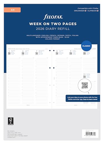 Filofax A4 Woche auf zwei Seiten 5 Sprachen Termine 2026 Terminplaner 26-68714