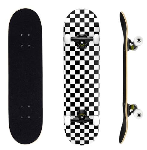 ERNAN Skateboard 31x8 Zoll Komplette für Kinder Jugendliche Erwachsene, komplettes Standard-Skateboards, 7 Schichten Ahorn-Deck, konkaves Skateboard (Black and White Check)