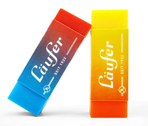 Läufer 69825 Plast Color Radiergummi, zweifarbig, radiert zuverlässig Bleistifte und Buntstifte, Blisterkarte enthält 2 Radierer für Schule, zuhause und im Büro, zweifarbig orange-gelb und rot-blau