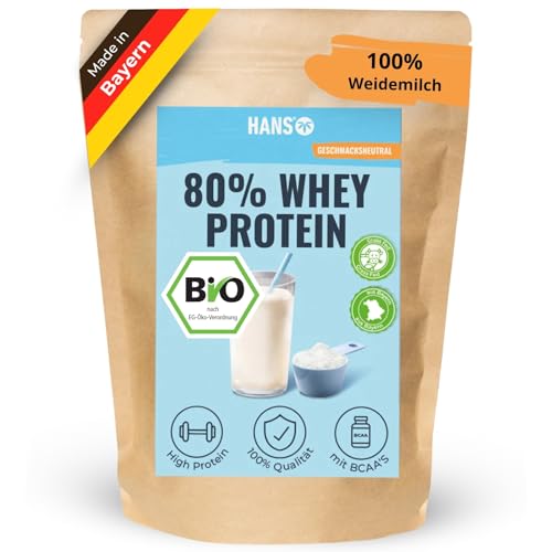 HANS Brainfood 80% Bio Whey Protein Pulver Neutral 1kg von Kühen aus Bayern ohne Zucker - Eiweißpulver, Whey, Eiweiss Protein Pulver - 100% reines Bio Molke-Protein