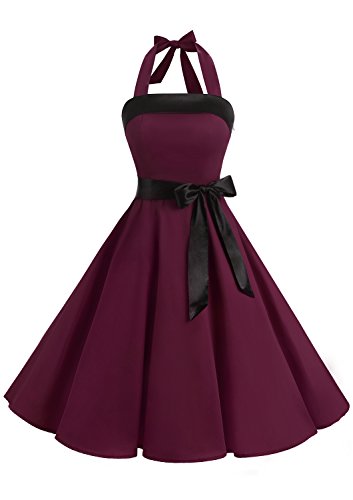 Timormode Damen Vintage Cocktailkleid Knielang Neckholder Swing Retro Rockabilly Kleid L Burgundy