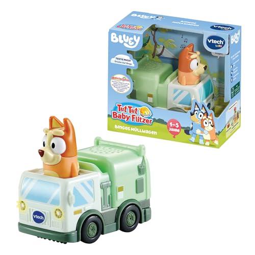 Vtech TUT TUT - Bingos Müllwagen – Spielzeug-Auto mit der Originalstimme aus der Kinderserie Bluey, Musik, aufleuchtender Taste und spannenden Geräuschen – Für Kinder von 1-5 Jahren
