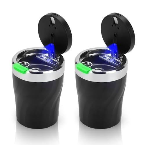 LYCXAMES 2 Stück Aschenbecher Auto, Tragbarer Edelstahl Rauchfreien Aschenbecher mit Deckel und LED Licht für Autos Vans Outdoor Camping, Schwarz