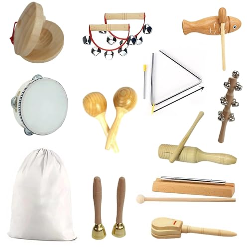 19 TLG Musikinstrumente Set für Rhythmik & Musikalische Früherziehung, Musik-Set aus Holz mit Maracas, Handglocken, Tamburin, Triangel, Holz-Guiro, mehr und Aufbewahrungstasche