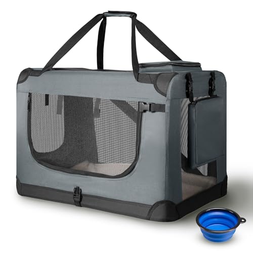 Juskys Hundetransportbox Lassie S faltbar & tragbar 34x50x36 cm mit Decke, Tasche & Griffen - Faltbare Transportbox für Hunde, Katzen & Haustiere - Oxford Stoff Hundebox Auto Hundetasche - Grau