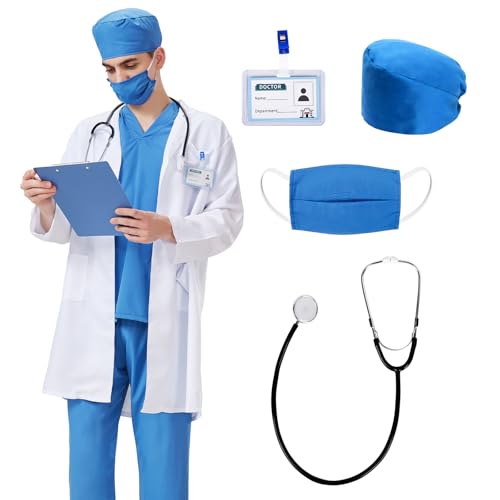 Charmofun Arzt Kostüm für Erwachsene, Arzt Kostüm Karneval, Chirurg Arztkittel, Doktor Kostüme Inklusive Stethoskop und Arztausweis, Doktorkostüm Chirurgen Fasching Karneval (L)