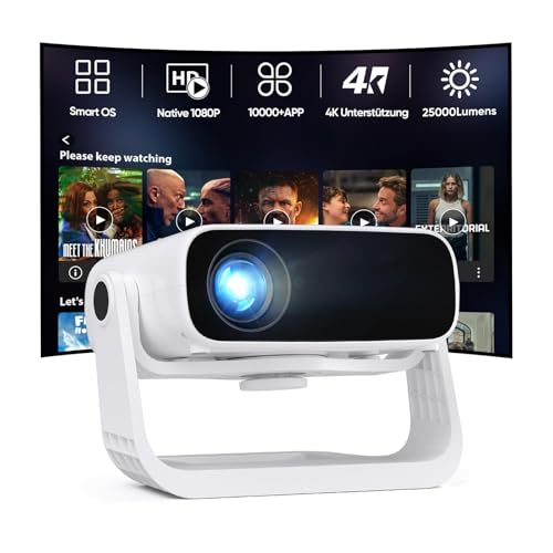 2026 Neuer Upgraded Smart Beamer Full HD 1080P, 25000 Lumens, Android 11，Integrierte Apps, 4D Trapezkorrektur，WiFi 6 & BT 5.2, Heimkino 4K Beamer mit 120° drehbarem Ständer für iOS/Android/Laptops