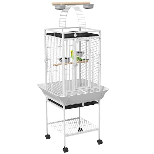 PawHut Vogelkäfig, Vogelvoliere mit Rädern, Papageienkäfig mit Ständer, Schiebeplatte, Spielplatz, Aufbewahrungsregal, Sitzstange aus Holz, Lebensmittelbehälter, 62,5x62,5x156cm, weiß