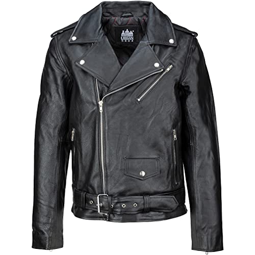 URBAN 5884 Herren Lederjacke Perfecto, Weiches und Strapazierfähiges echtes Rindsleder, Biker Style Herrenjacke, Schwarz, M