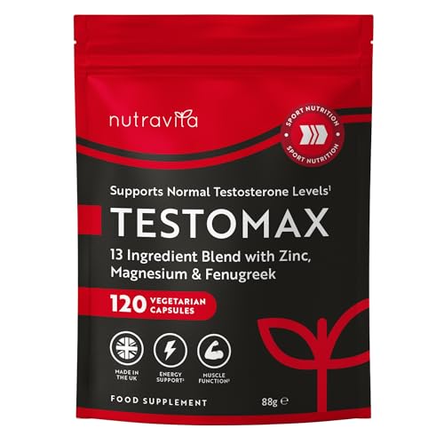Nutravita TESTOMAX für Männer - 120 Kapseln - Laborgetestet - 13 leistungsstarke aktive Inhaltsstoffe & Vitamine - Zink, Maca-Wurzel, Bockshornklee, Ginseng