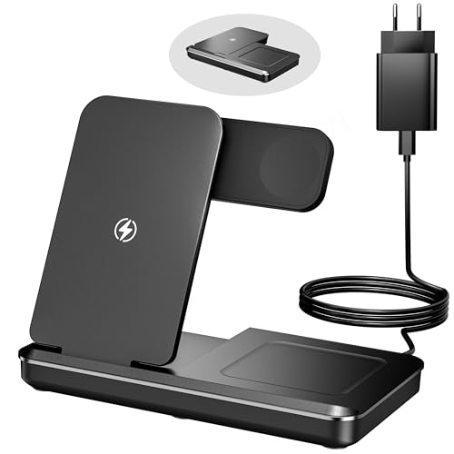 Eddibox 3 In 1 Ladestation für Apple Watch und iPhone, Faltbar 15W Schnelles Apple Ladestation Ladegerät für iPhone 17 16 15 14 13 12 Pro Max/Apple Watch/AirPods - Schwarz