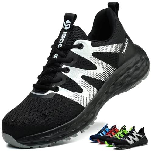 ISOOUS Arbeitsschuhe Herren Sicherheitsschuhe Damen Leicht Stahlkappenschuhe rutschfest mit Stahlkappe Atmungsaktiv Sportlich Schwarz 42 EU