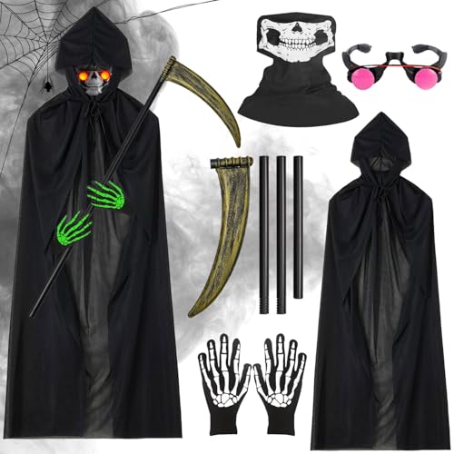 Halloween Sensenmann Kostüm Kinder,Sensenmann Kinderkostüm,Reaper Kostüm,Grim Reaper Sensenmann,Sensenmann Halloween,Halloween Kostüm Set,Vampir Umhang Sichel Kleidung für Party Karnevals Cosplay