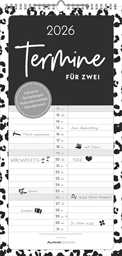 Alpha Edition - Termine für 2 Black and White Kalender 2026 – 22x45 cm – Familienplaner mit 2 Spalten – Inkl. Sticker – Praktischer Terminplaner für Paare – Mit Feiertagen & Ferienterminen