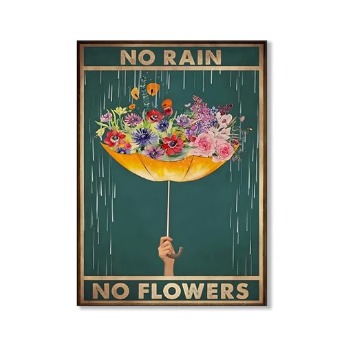Calkkrer Retro Metall Poster No Rain No Flowers, Wanddeko Für Wohnzimmer, Oder Büro, Lustiges Vintage Plakat Als Ermutigungsgeschenk Zum Geburtstag, 30×20 cm