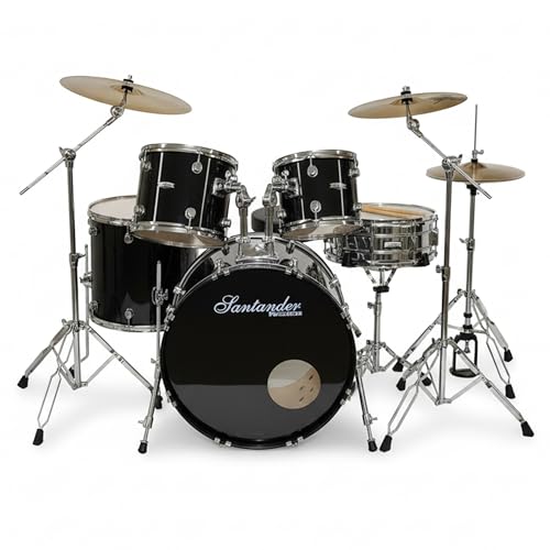Santander Schlagzeug Set 9-teilig schwarz – Musik-Lern-Instrumentenset für Anfänger, Jugendliche & Schüler – mit Becken, Ständer, Hocker, Snaredrum, Bassdrum, Toms - in Hochglanz schwarz