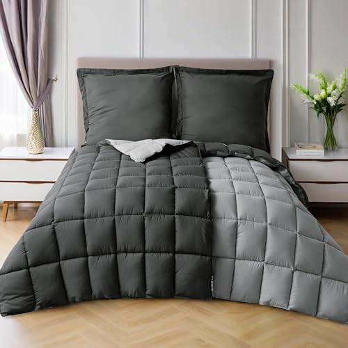 HIG Bettdecken-Set 4-teilig mit 2X Steppdecke 135x200 cm und 2X Kissenbezügen 80x80 cm – Oeko-TEX zertifizierte, kastenförmig genähte Daunenalternative in Grau, mit 1300g Füllung (250 GSM)