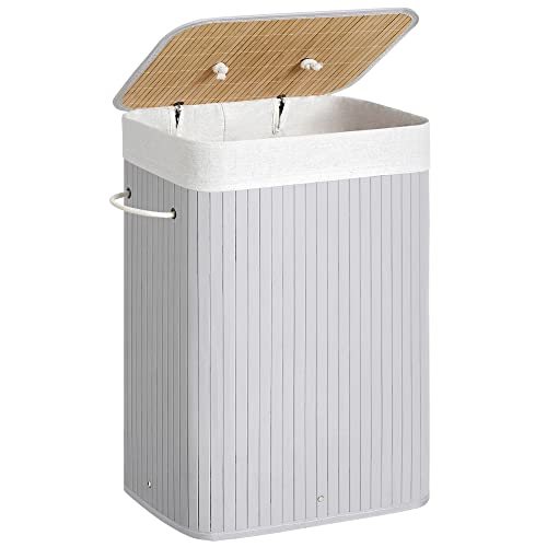 SONGMICS Wäschekorb mit Deckel, 72 Liter, Wäschesammler aus Bambus, faltbar, Wäschesack herausnehmbar und maschinenwaschbar, mit Griffen, für Waschküche, Schlafzimmer, grau LCB010G01