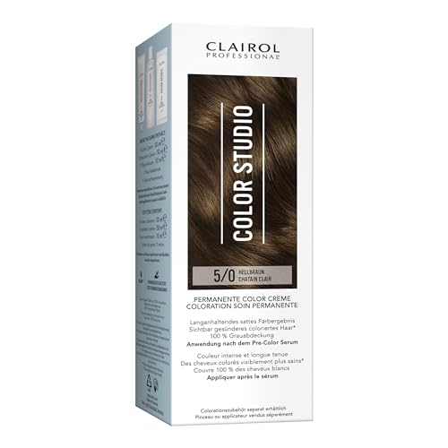 Clairol Professional Color Studio Permanente Haarfarbe Hellbraun 5/0 (110 ml) – mit Metal-Purifier für 6 x weniger Haarbruch, 10 Wochen sattes Farbergebnis & 100 % Grauabdeckung – inkl. Haarkur