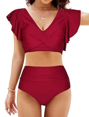 Evolyline Bikini Damen Set, V Ausschnitt überkreuztes Badeanzug, Sexy Sommer High Waist Bademode Zweiteiliger, BadeanzüGe Verstellbare Rückenlehne, Bauchkontrolle Swimsuit S-XL