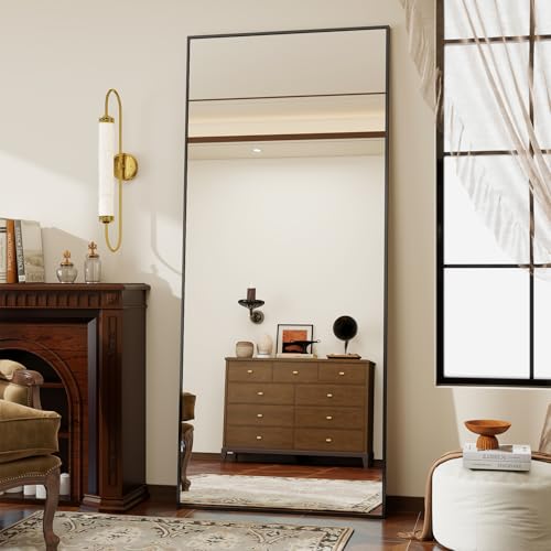 Koonmi 171 x 76 cm Standspiegel, robust Ganzkörperspiegel mit minimalistische schmaler Aluminiumrahmen, modern großer Wandspiegel stehend oder hängend für Wohnzimmer und Schlafzimmer, Schwarz