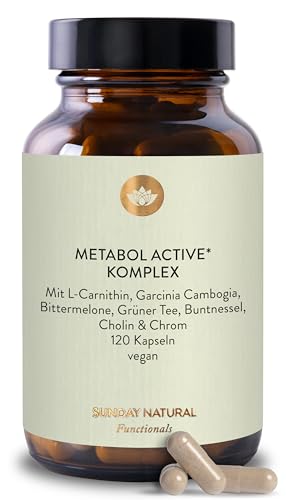 SUNDAY NATURAL® 120 Stoffwechsel Kapseln Metabol Active* - Diät Unterstützung – Hochdosiert mit Bittermelone, Garcinia Cambogia, Grüntee, Chrom, Cholin – Laborgeprüft, vegan, ohne unnötige Zusätze