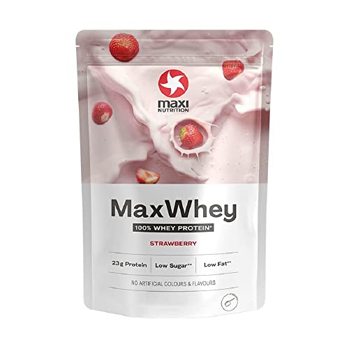 MaxiNutrition 100% Whey Premium-Proteinpulver Erdbeere 420g, ohne künstliche Aromen, Eiweißpulver aus 100% Molke, ergibt 14 Protein-Shakes à 23g Eiweiß, low carb, inkl. Vitamin B6, Made in Germany