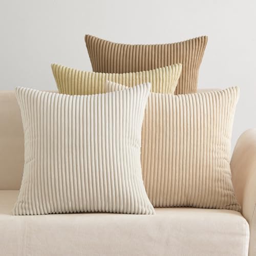 EMEMA Kissenbezug 40x40 cm Kordsamt Kissenbezüge 4er Set Dekokissen Sofakissen Kord Kissenhülle Zierkissenbezug Dekorative Cord Kissen Weiche für Sofa Wohnzimmer Schlafzimmer Beige Serie