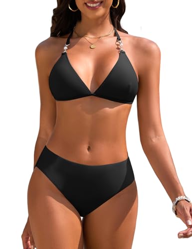 UMIPUBO Bikini Damen Set Sexy Triangel Neckholder Zweiteiler Bademode Bikinioberteil Tanga Bikinihose Badebekleidung Verstellbare Badeanzug Mit Perlen(Schwarz,M)