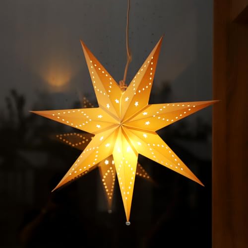 SALCAR 55cm LED Papierstern Beleuchtet zum Aufhängen, Advents Leuchtstern Fenster mit Warmweiß E14 Lampe, 3D Weihnachtsstern Fensterdeko Weihnachten - Weiß Papierstern