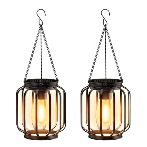 BUCASA Garten Solarlampen für Außen Hängend, 2 Stück Solar Laternen für Draußen mit Größer LED-Glühbirne, IP65 Wasserdicht Metall Solarleuchten für Außen Terrasse Rasen Balkon Hof Gartendeko